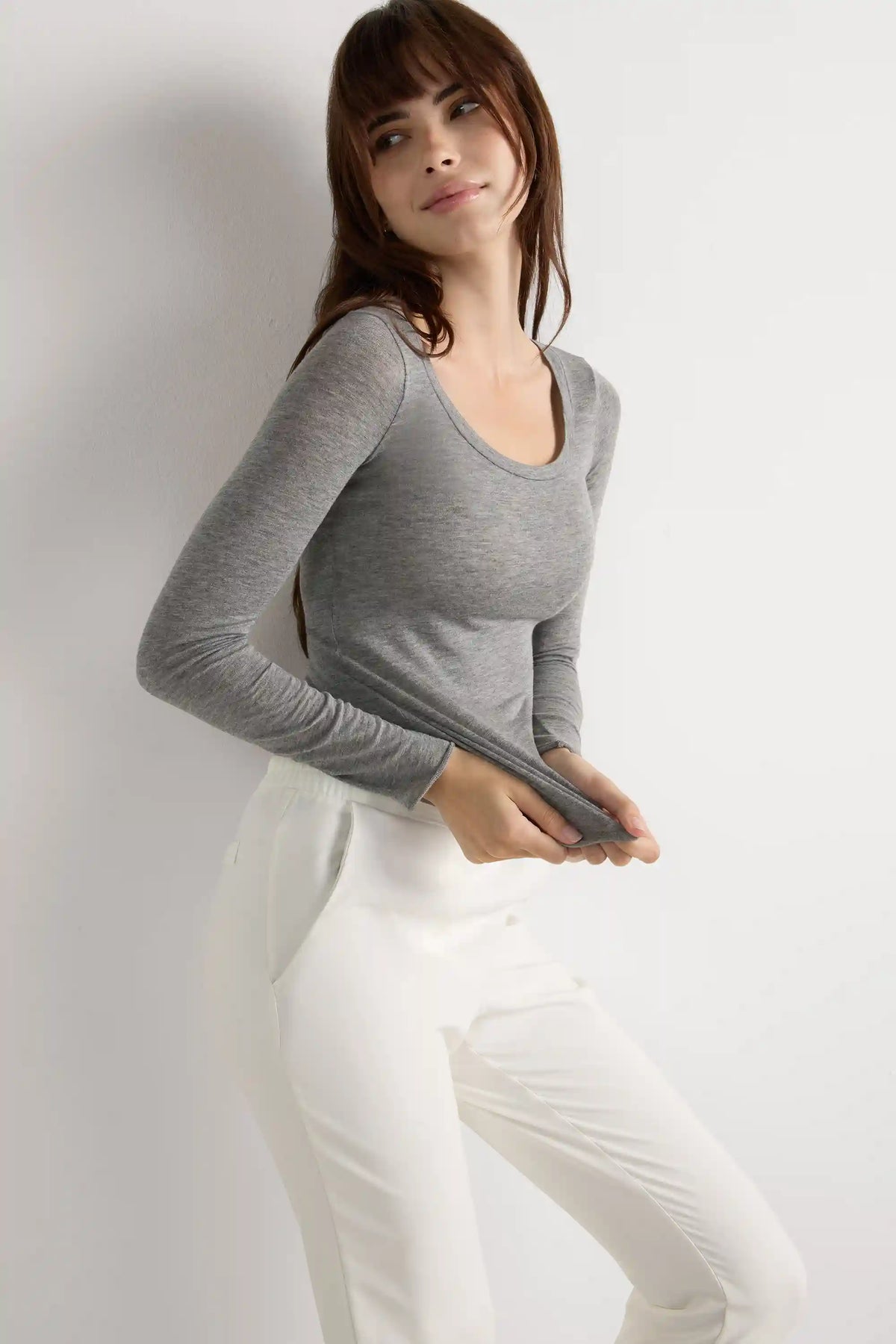 Long Sleeve Scoop Neck Top in Ultralight Modal with Cashmere