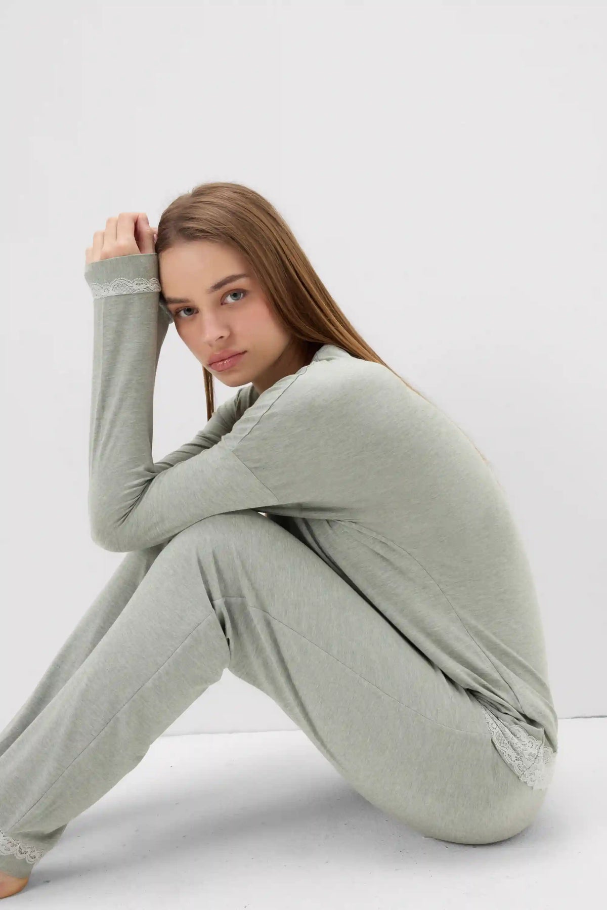 Lace Trim Full Length Pajamas in Modal