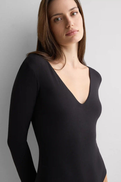 Fresh Bamboo Long Sleeve Bodysuit with Deep V-Neckline