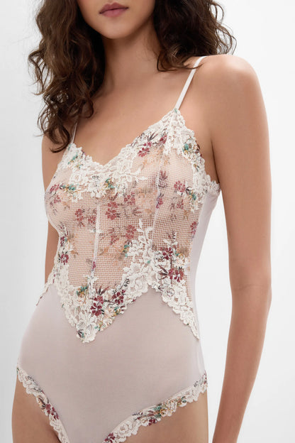 Pretty Flowers Print Tulle and Lace Bodysuit