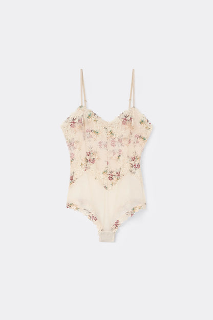 Pretty Flowers Print Tulle and Lace Bodysuit