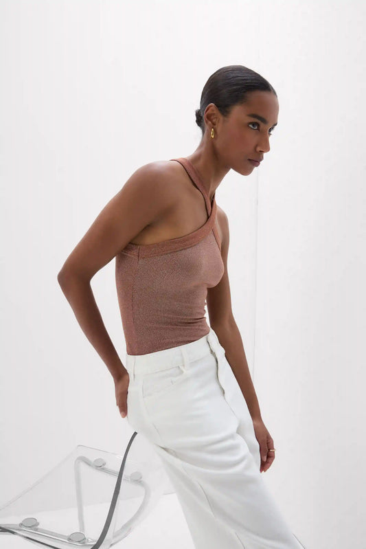 Ribbed Lamé Crisscross Bodysuit