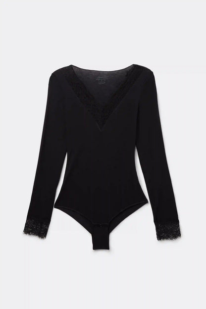 Long Sleeve Bodysuit in Ultralight Modal with Cashmere and Lace