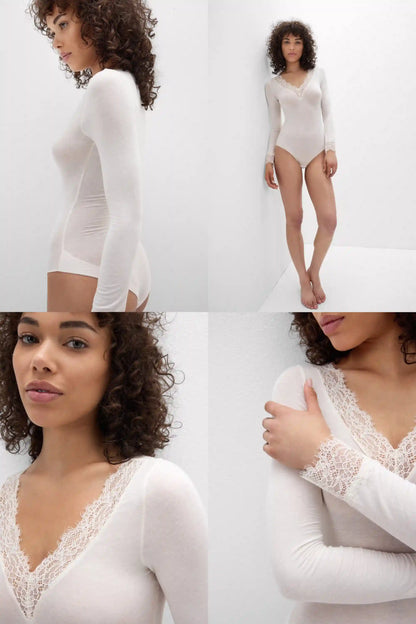 Long Sleeve Bodysuit in Ultralight Modal with Cashmere and Lace
