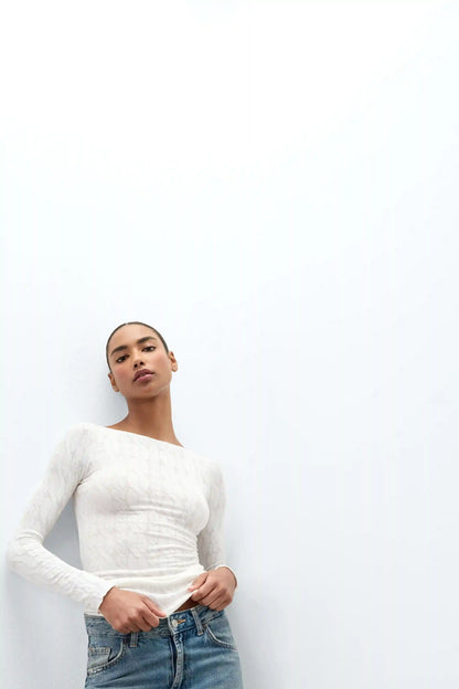 Cable Knit Bateau Neck Top in Ultralight with Cashmere
