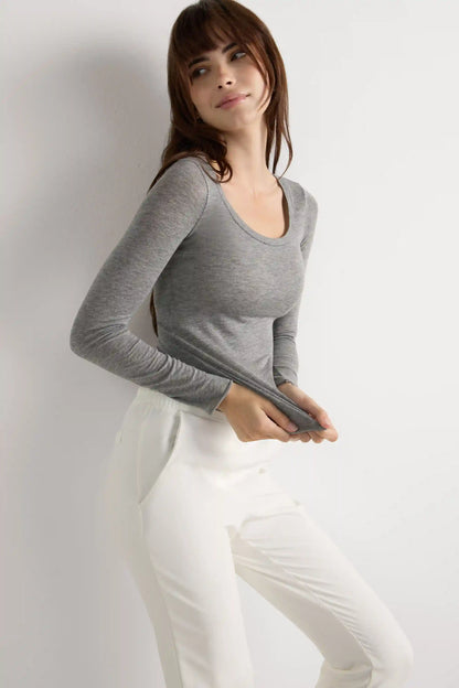 Long Sleeve Scoop Neck Top in Ultralight Modal with Cashmere