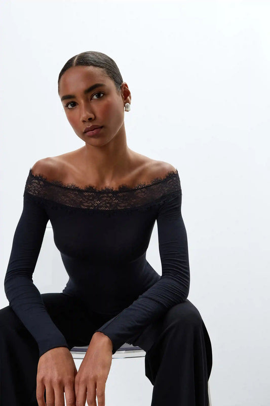 Off-the-Shoulder Top in Ultralight Modal with Cashmere and Lace