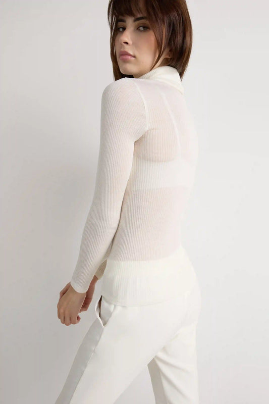 Long-sleeve High-Neck Tubular Top in Wool and Silk