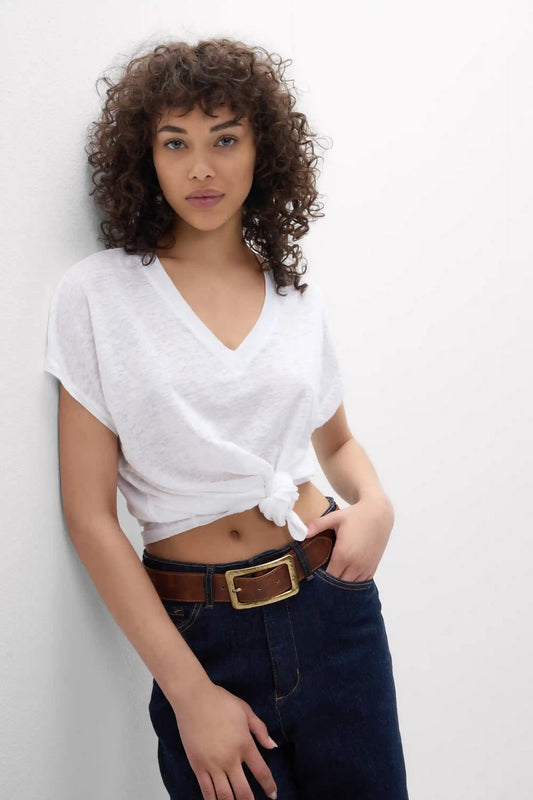 The Pure Linen Short Sleeve V-Neck Top in Linen