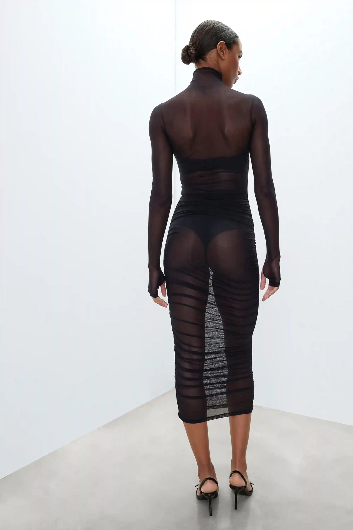 Long Sleeved Black Mesh Dress