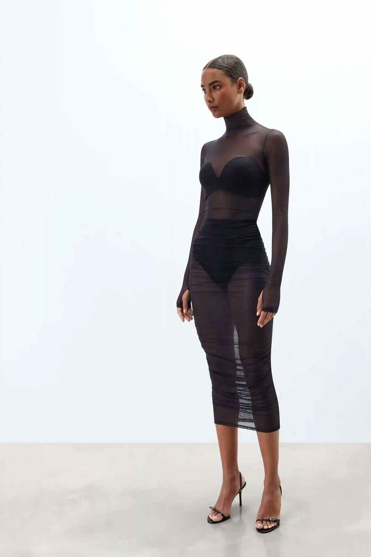 Long Sleeved Black Mesh Dress