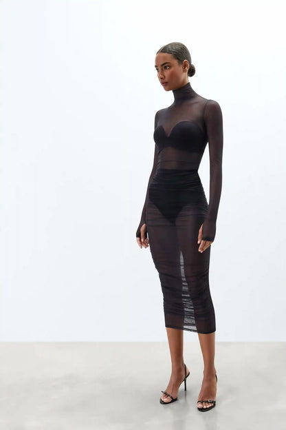 Long Sleeved Black Mesh Dress