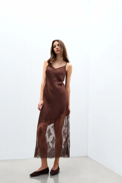 Lace Perfection Long Viscose Satin and Lace Nightgown