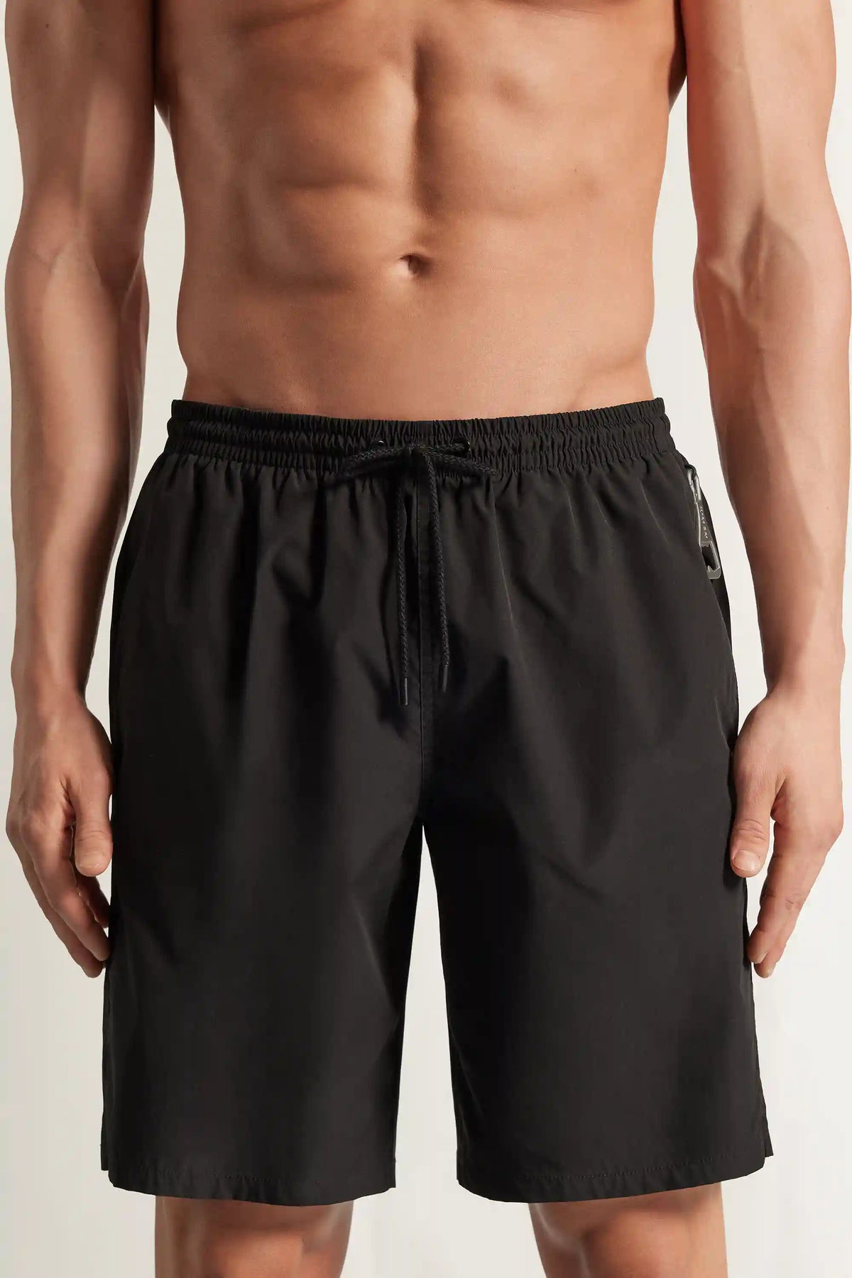 Long Solid Color Swim Trunks