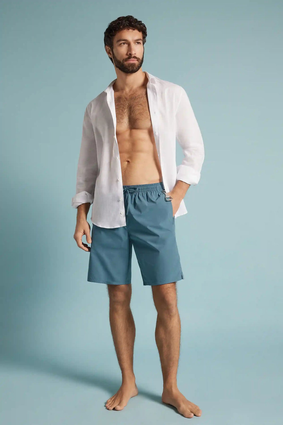 Long Solid Color Swim Trunks