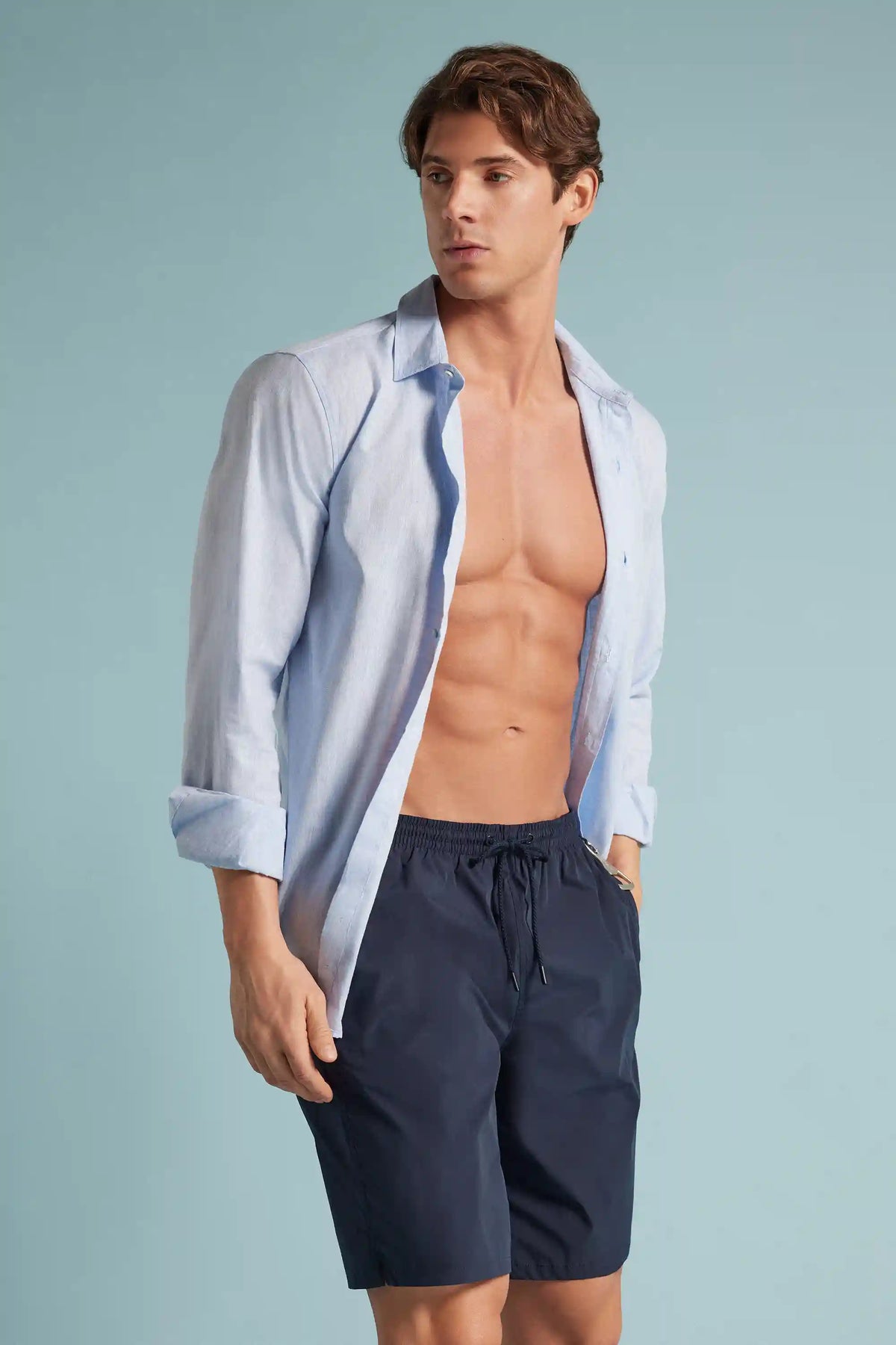 Long Solid Color Swim Trunks