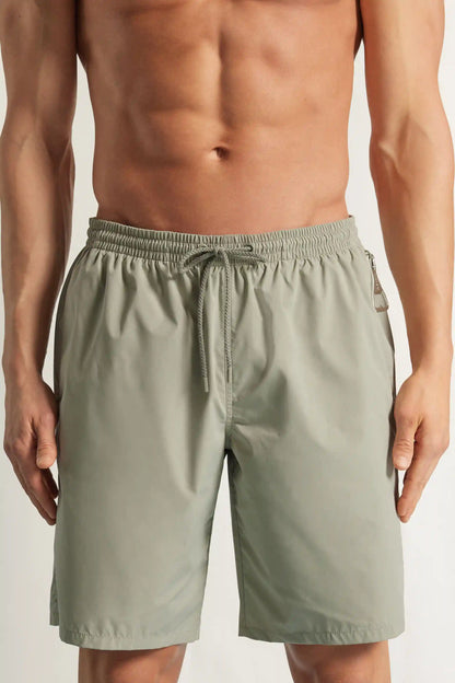 Long Solid Color Swim Trunks