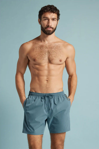 Mid-Length Solid Color Swim Trunks