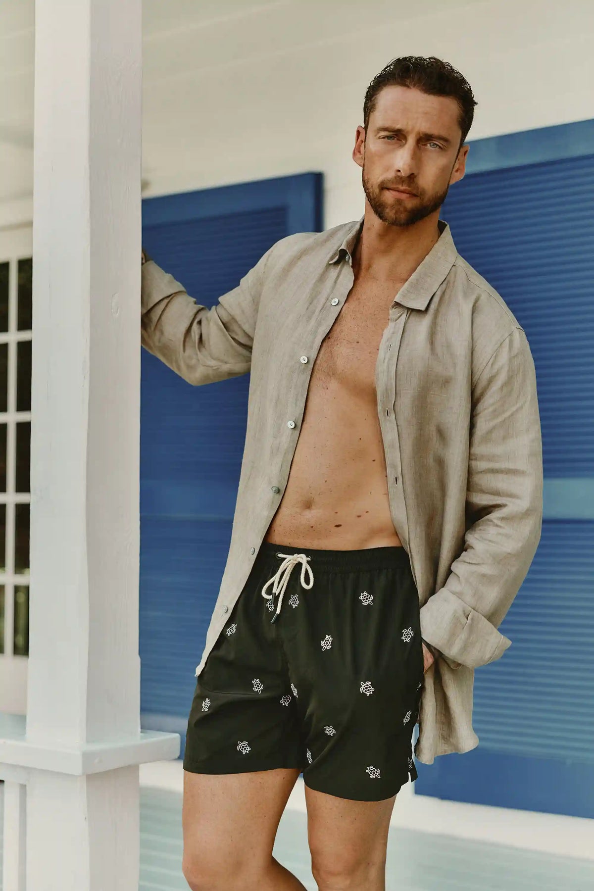 Swim Trunks with Embroidered Turtles
