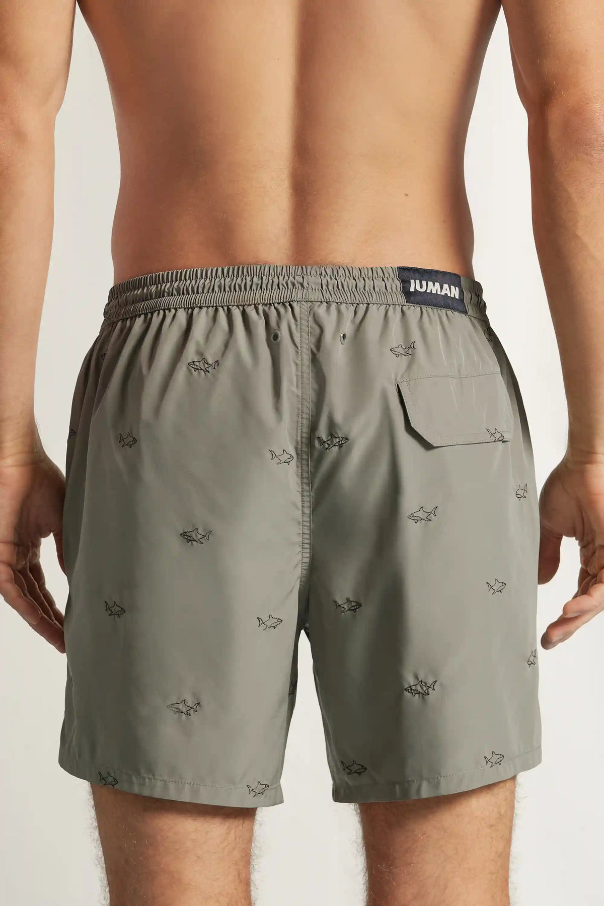 Swim Trunks with Embroidered Sharks