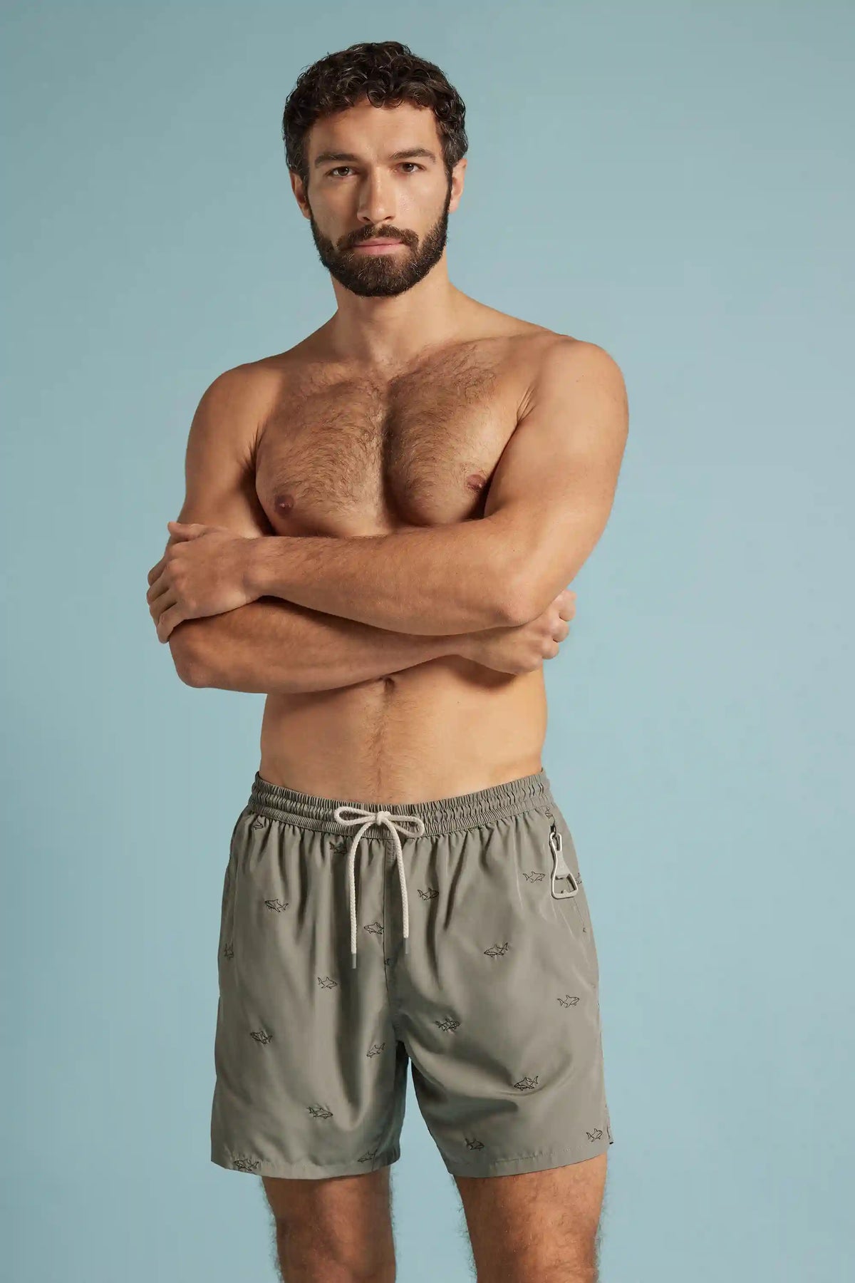 Swim Trunks with Embroidered Sharks