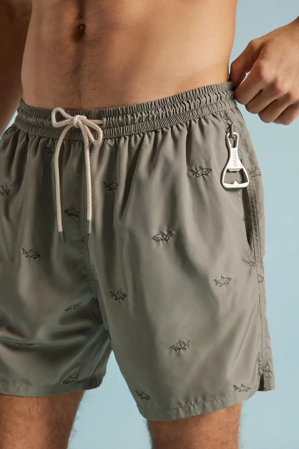 Swim Trunks with Embroidered Sharks