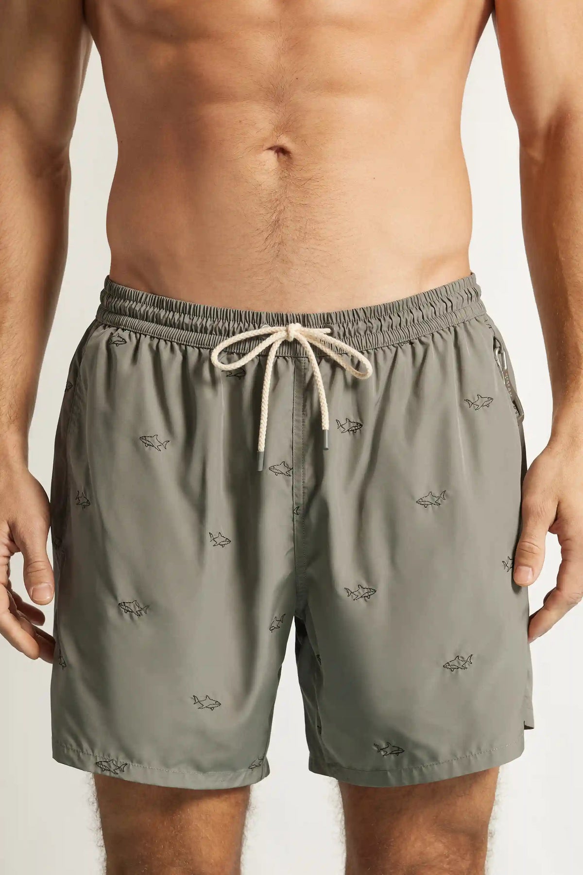 Swim Trunks with Embroidered Sharks