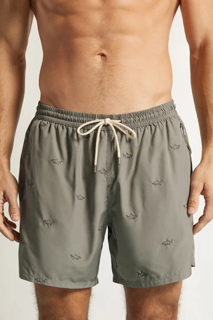 Swim Trunks with Embroidered Sharks