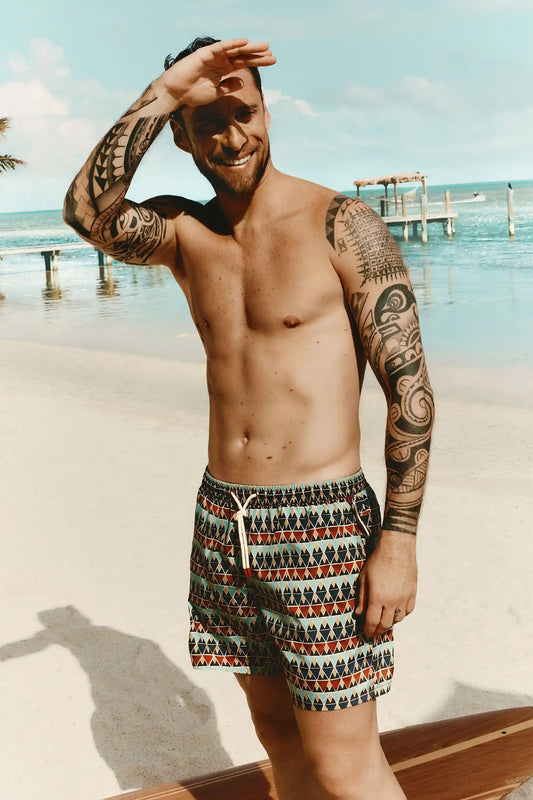 Multi-Color Red Print Reversible Swim Trunks