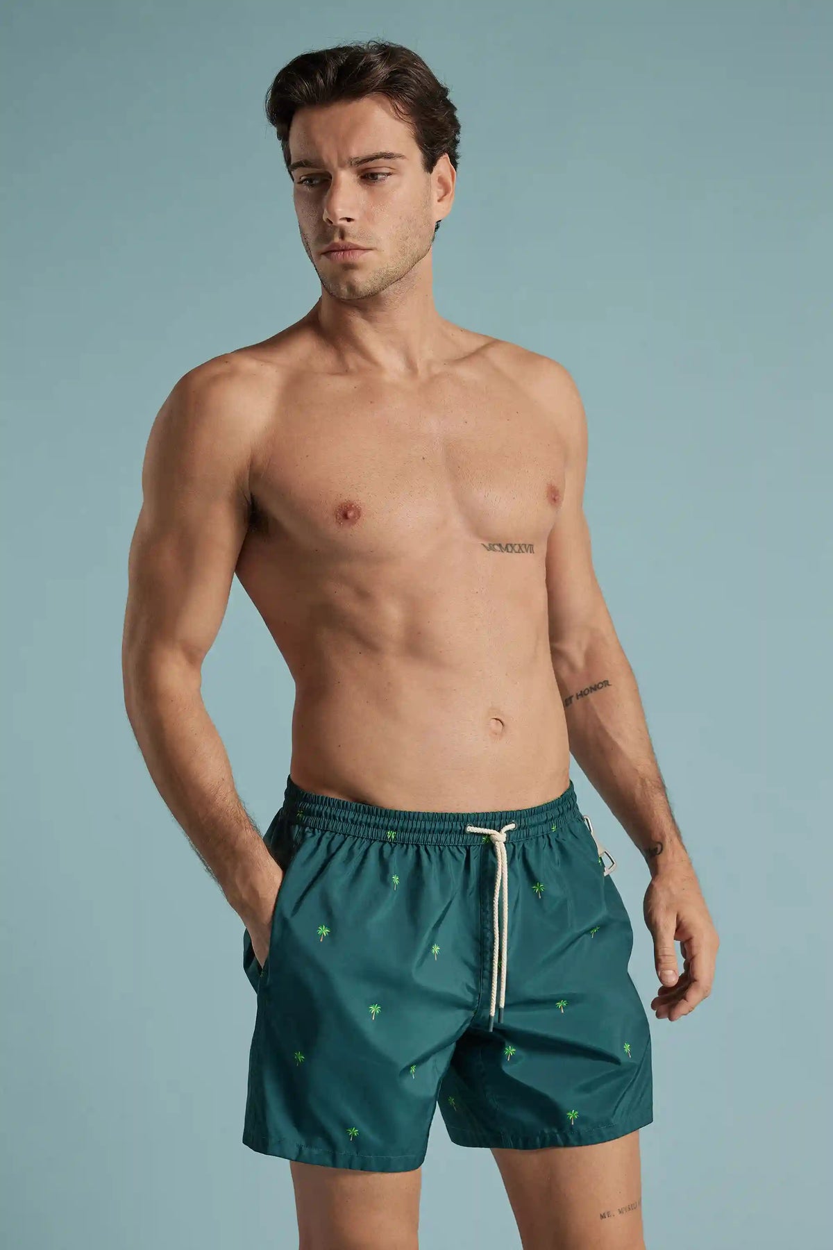 Palm Tree Print Reversible Swim Trunks