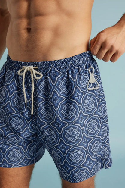 Blue Mosaic Print Swim Trunks