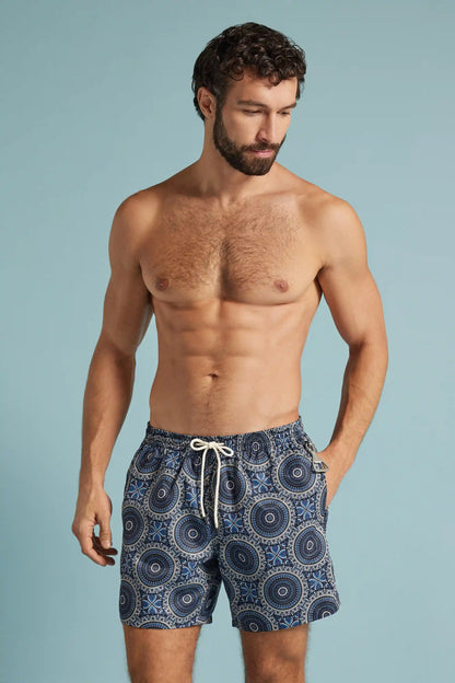 Blue Shaded Mosaic Print Swim Trunks
