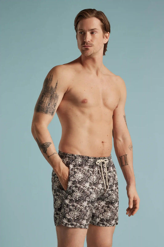 Brown Floral Print 100% Linen Swim Trunks