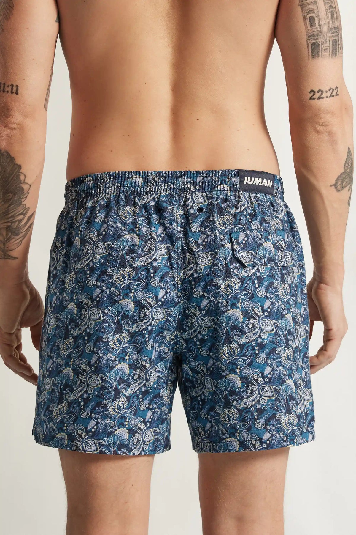 Blue Floral Print 100% Linen Swim Trunks