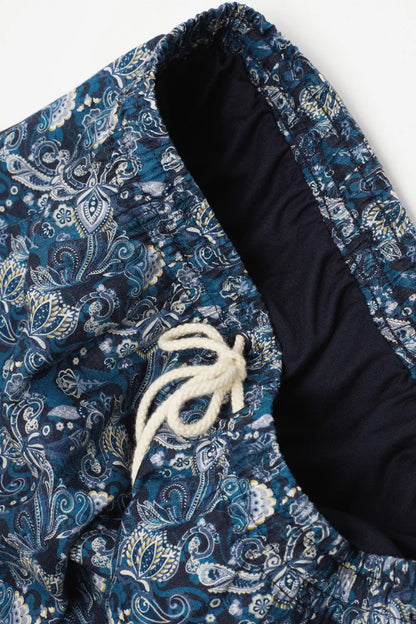 Blue Floral Print 100% Linen Swim Trunks