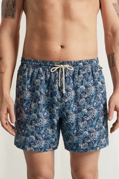 Blue Floral Print 100% Linen Swim Trunks