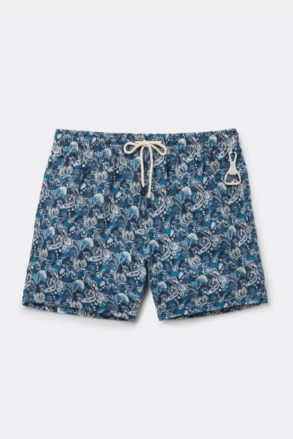 Blue Floral Print 100% Linen Swim Trunks
