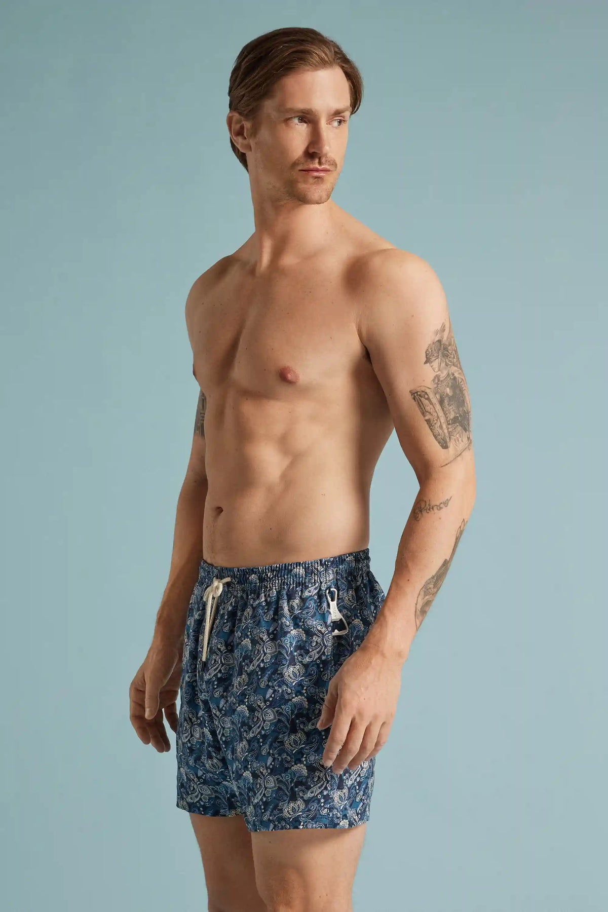 Blue Floral Print 100% Linen Swim Trunks
