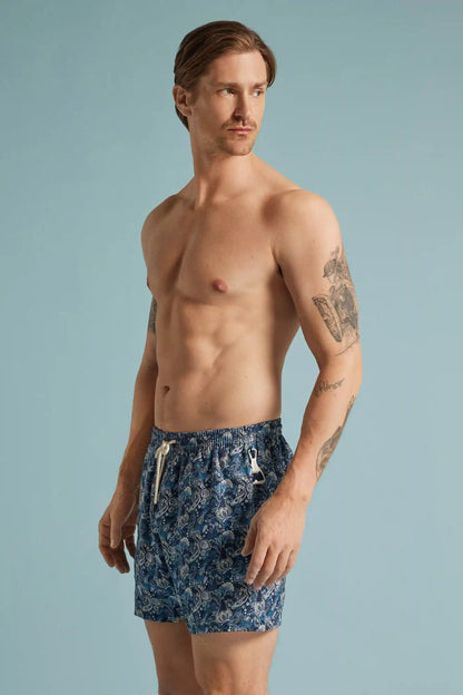Blue Floral Print 100% Linen Swim Trunks