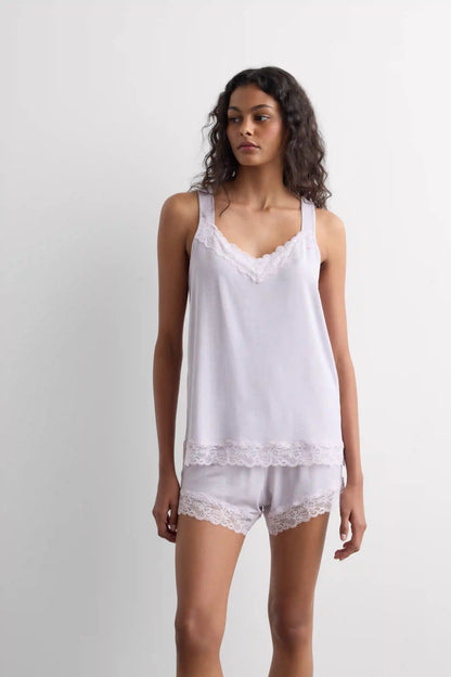 Lace Trim Tank Top Short Pajamas in Modal