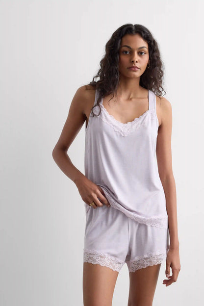 Lace Trim Tank Top Short Pajamas in Modal