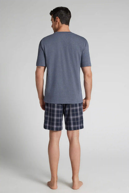 Check Print Denim Cloth and Cotton Short Pajamas