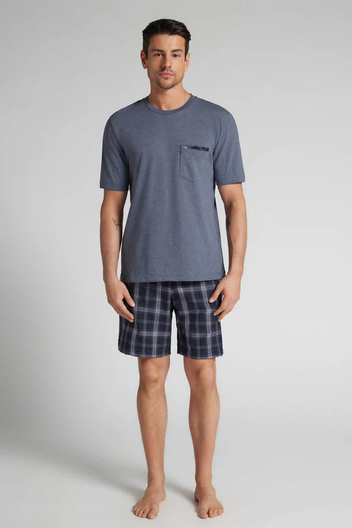 Check Print Denim Cloth and Cotton Short Pajamas