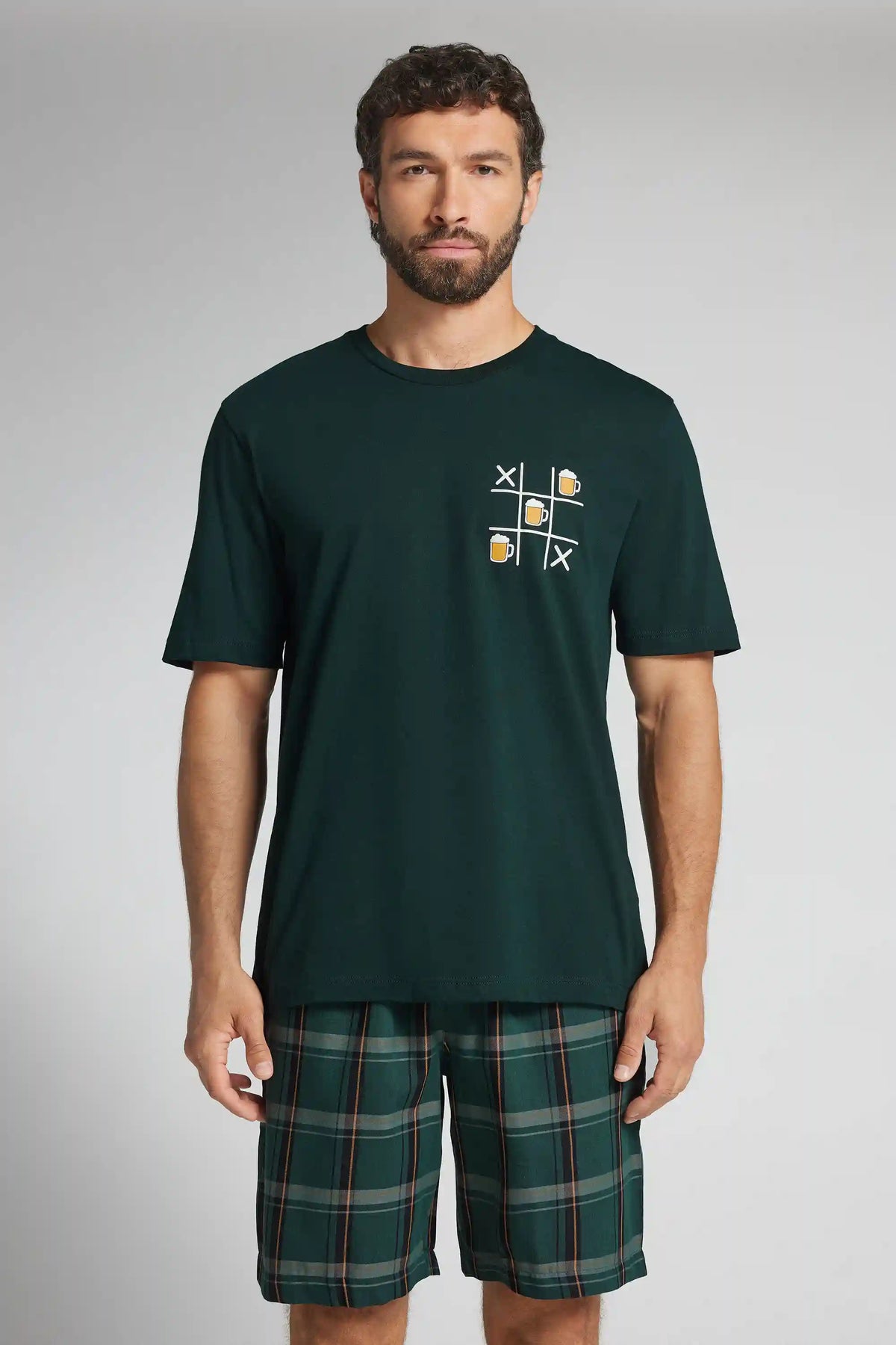 Short Cotton Pajamas with Tic Tac Toe Beer Print
