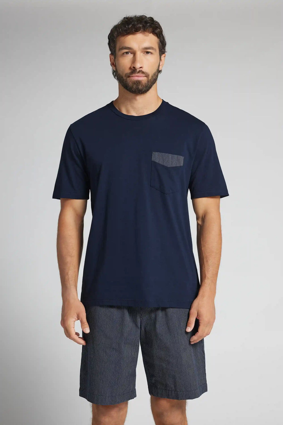 Short Cotton Pajamas with Blue Pinstripe Cloth