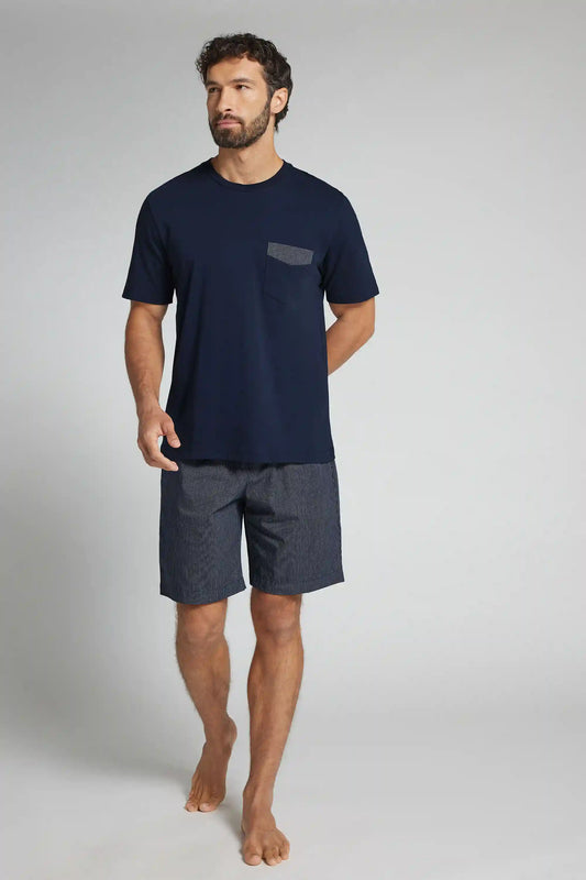 Short Cotton Pajamas with Blue Pinstripe Cloth