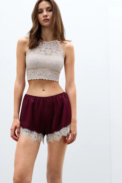 Contrast Lace Trim Silk Shorts