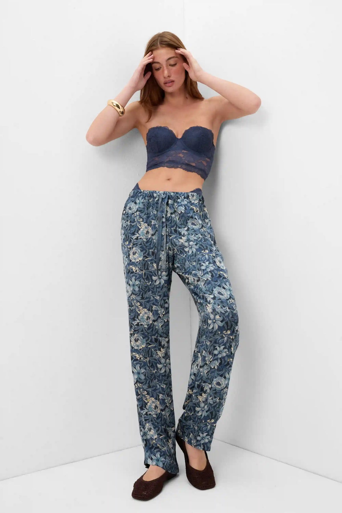 Fanciful Flowers Print Viscose Satin Pants