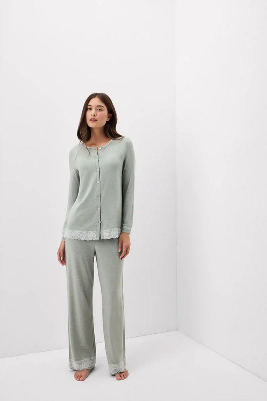 Lace Trim Button Up Full Length Pajamas in Modal