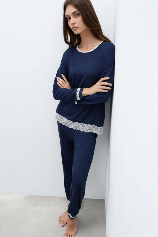 Lace Trim Full Length Pajamas in Modal